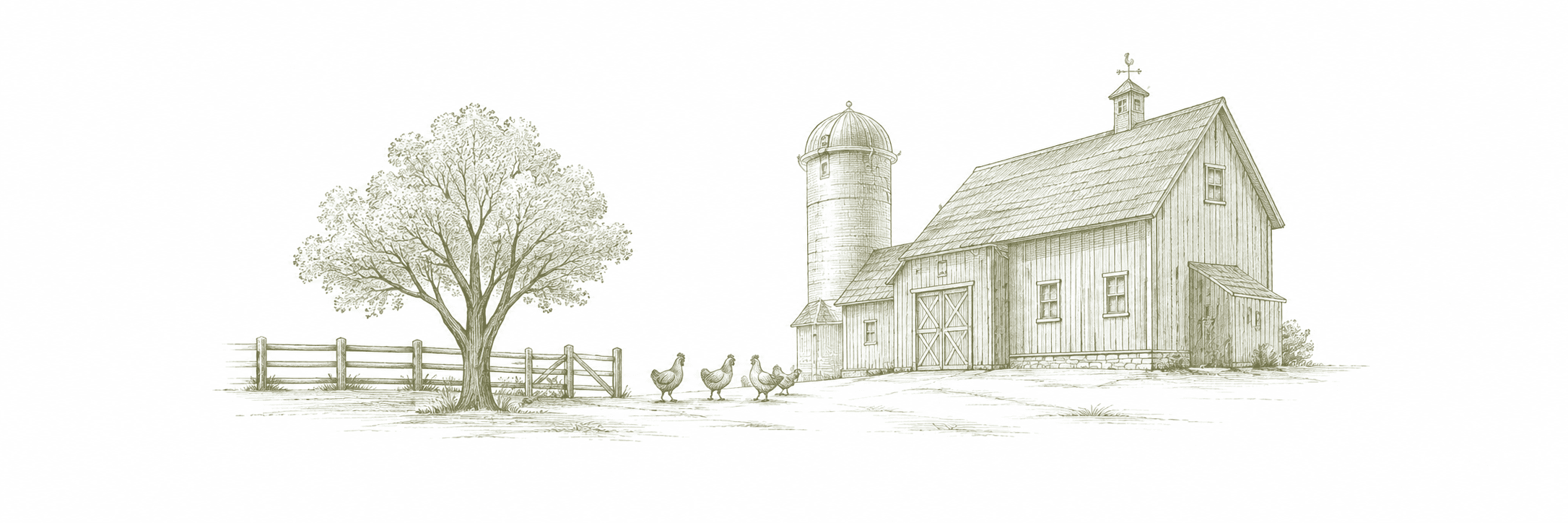 Line-art illustration of a small farm with a barn, tree, fence, and chickens